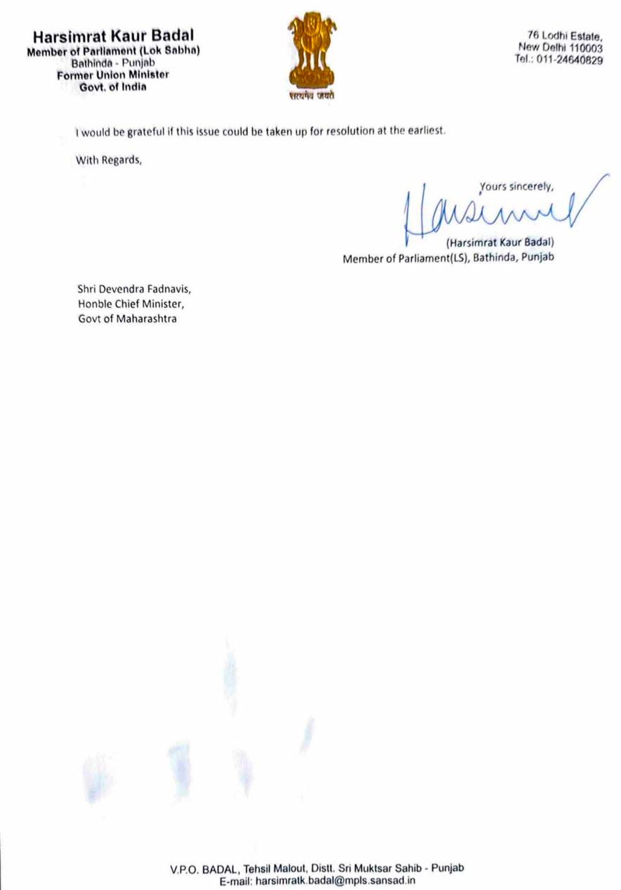 Harsimrat writes to Maha CM on Takht Autonomy